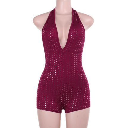 New Cross-Border Women's Halter Neck Low-Cut Rhinestone Fashion Sexy Slim Nightclub Backless Bodysuit