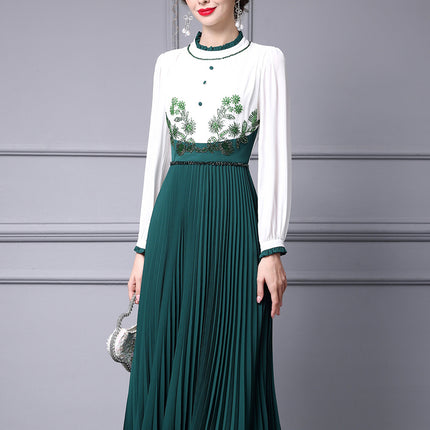 Zhili 2026 New Style Dress, Unique Design, Ruffled Collar, Beaded, Slimming, Figure-Flattering, Long Pleated Skirt