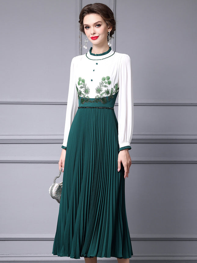Zhili 2026 New Style Dress, Unique Design, Ruffled Collar, Beaded, Slimming, Figure-Flattering, Long Pleated Skirt