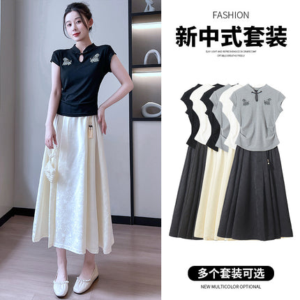 New Chinese-style Xi Shi Skirt Spring and Summer Skirt Solid Color Stitching Long National Style Breathable Casual All-match Slimming Large Swing Skirt