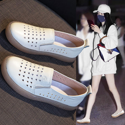 Genuine Leather Loafers for Women 2026 Spring/Summer Hollow Breathable White Shoes Women's Top-Layer Cowhide Shallow Mouth Single Shoes Mom Shoes