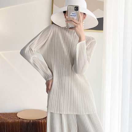 Miyake Basic Pleated Top Women's Long-sleeved Autumn New Pressed-Fold Texture High-end All-match T-shirt Base Shirt