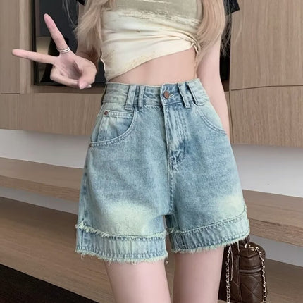 American Style High Street High Waist Fast Edge Denim Shorts 2024 Summer New Design Sense Loose Straight Wide Leg Hot Pants