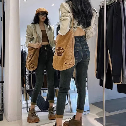 fleece-lined Thickened Warm Skinny Pencil Jeans Women's Autumn and Winter 2023 New High Waist Slimming All-match Pencil Pants
