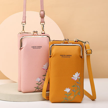 Manufacturer's Supply 2024 New Women's Mobile Phone Bag Korean Style Fashionable Pebbled Pattern Pure Color Embroidered Cross-Body Shoulder Bag