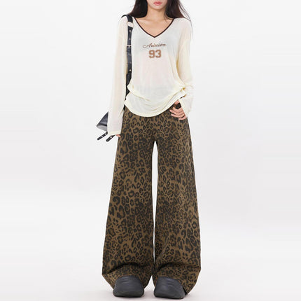 Street Style New High-Waisted Slimming Coffee Brown Leopard Print Pants 2025 Design Wide-Leg Jeans Trendy Women's Fashion