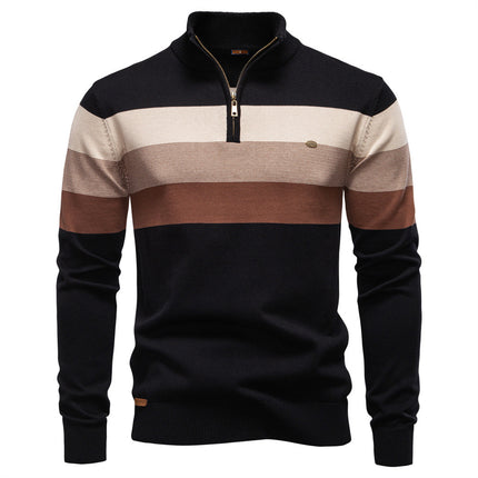 Autumn and Winter Fashion Semi-Cross-Border Striped Knitwear Men's Spliced Pullover Zipper Men's Knitwear Khaki Green