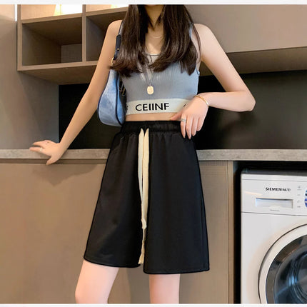 Black Sports Shorts for Women, Summer Thin High-Waisted Casual Straight Mid-Length Loose Wide-Leg Cool Five-Point Pants