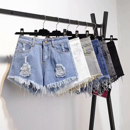 Hot girl ripped Denim shorts women's summer thin loose high waist slimming design sense niche wide leg hot pants fashion