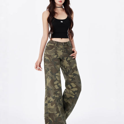 American High Street Military Green Camouflage Work Jeans Women's Straight Loose Retro Slightly Flared High Waist Casual Wide Leg Pants