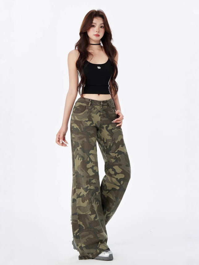 American High Street Military Green Camouflage Work Jeans Women's Straight Loose Retro Slightly Flared High Waist Casual Wide Leg Pants