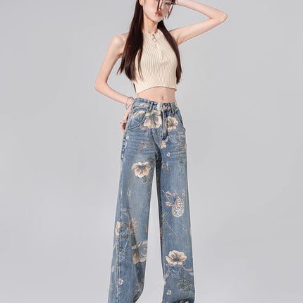Vintage Printed Jeans for Women, Spring and Autumn New Design, Niche Loose Wide-Leg Floor-Length Pants, Trendy on Instagram