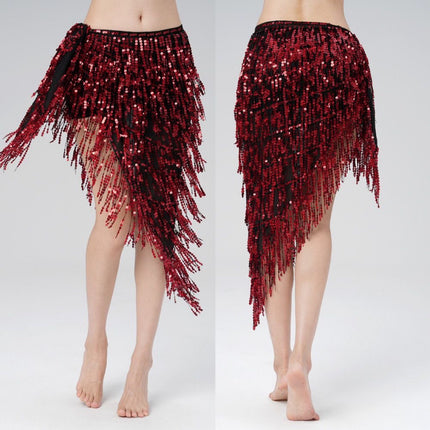 New Belly Dance Practice Dress Waist Chain Oriental Dance Hip Towel Dress Sequins Tassel Sago Heavy Industry Drummy Dress Women