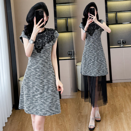 Cross-Border Hot-Selling Two-Piece Set 2025 New Style Small Fragrance Rhinestone Dress + Mesh Skirt Set
