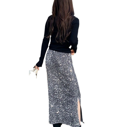 plus size Glittering Sequins Rear Split Skirt Women's High Waist Slimming Autumn and Winter Straight Skirt Small Skirt chubby girl