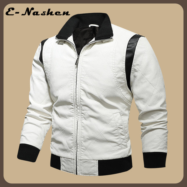 European and American Men's Leather Jacket New Style Stand Collar Removable Hooded Motorcycle Leather Jacket Fashionable Black and White Color Matching Large Size Men's Clothing