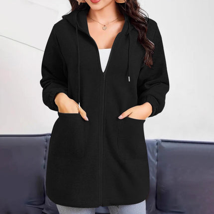 2025 European and American Cross-Border Casual Hooded Jacket for Women with Zipper Pockets, Long Hoodie, Casual Style