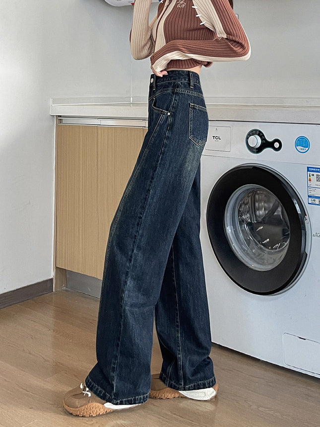 Autumn 2024 New High Waist Wide Leg Jeans Loose All-match Design Sense Dark Dash Wide Leg Long Pants