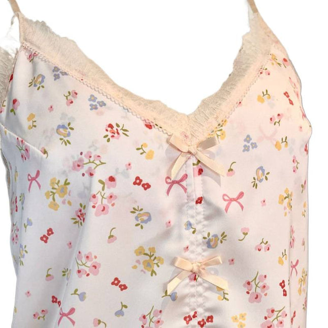 Small Floral Print Women's Short Top, Shorts, Short-Sleeve Long Pants Four-Piece Set, Spring and Summer Lace with Chest Pads, Sweet Ice Silk Loungewear