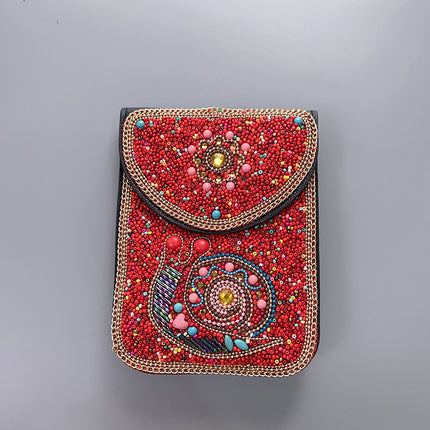 Red Lotus Women's Mobile Phone Bag Xinjiang Inner Mongolia Yunnan Travel Souvenir Retro Heavy Industry Rice Bead Shoulder Bag
