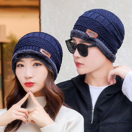 Winter Scarf Hat Two-Piece Set Fleece-Lined Warm Knitted Hat Outdoor Cycling Cold-Proof Woolen Hat Men's Pullover Hat