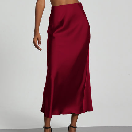 Cross-border women's clothing wholesale European and American style fashion temperament satin texture skirt solid color glossy wine red medium skirt