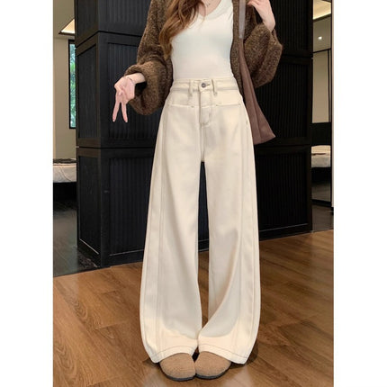 fleece-lined Thickened Wide-leg Jeans Women's Trendy All-match New Arrival apricot High Waist Slimming Loose Casual Straight Pants
