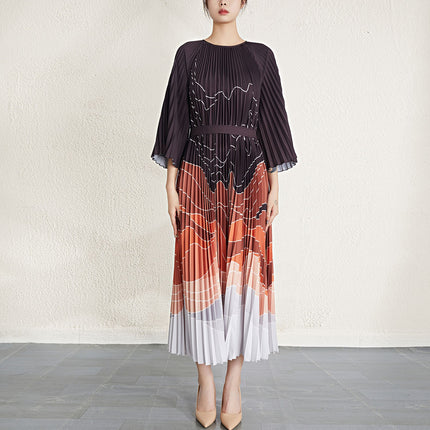 Plus-Size Women's Pleated Dress, Cross-Border Fashion, Elegant, Waist-Cinching, Slimming, High-End Long Dress, Pleated Skirt, Sweet and Fresh