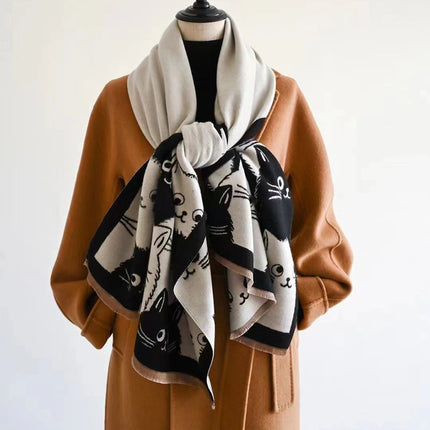 Cute Sweet Double-sided Double-wearing Student Cashmere Scarf Female Cat Cartoon Autumn and Winter Warm Warming Shawl Scarf