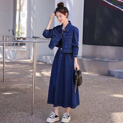 European Station Foreign Style Age-reducing Denim Dress Women's 2023 Spring and Autumn New Casual Short Jacket Skirt Two-piece Set