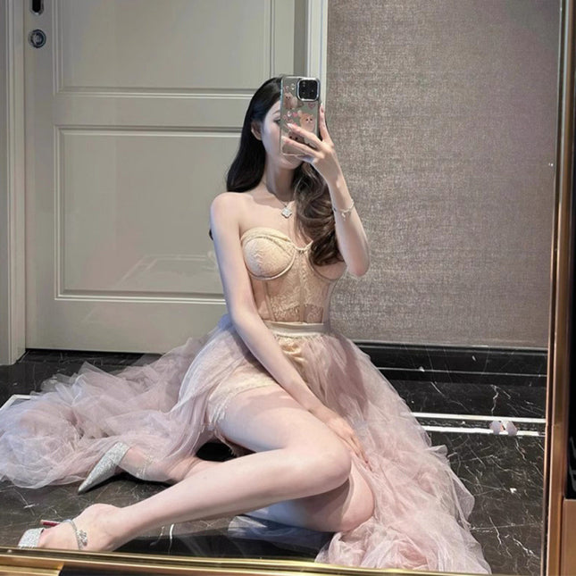 Sense Irregular Socialite dress Waist Long Dress Gown Light Luxury Niche Elegant Strapless Dress suit