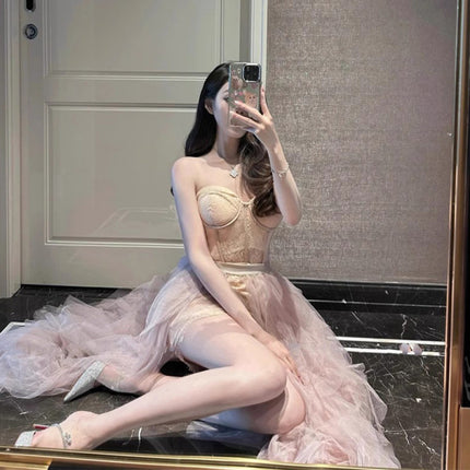 Sense Irregular Socialite dress Waist Long Dress Gown Light Luxury Niche Elegant Strapless Dress suit