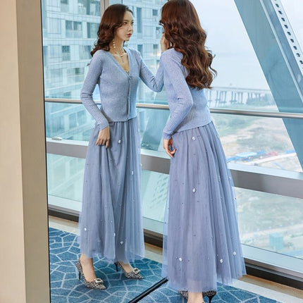Single Piece/Set 2024 Spring & Fall Feminine New Elegant Fashionable Knitted Cardigan Suspender Mesh Skirt Three-Piece Set