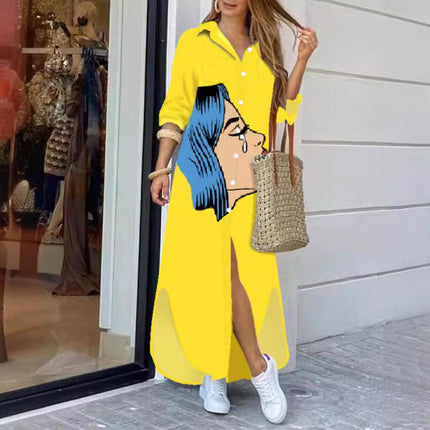 Amazon AliExpress Cross-border Women's New Fashion Long Sleeve Printed Shirt Dress Long dress
