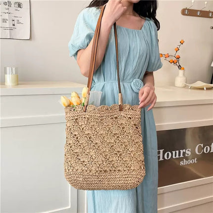 New Hollow Straw Bag, Handmade Crocheted Bag, Women's Large-Capacity Portable Tote Bag, Seaside Vacation Beach Bag