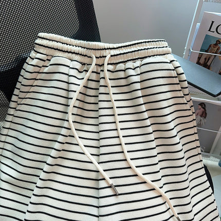 Real shot Pearl striped casual shorts women's summer striped New 2024 high waist wide leg pants student shorts 200kg
