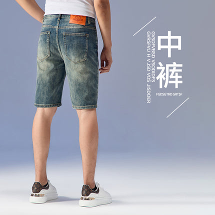 2025 Thin Tencel Five-point Jeans Men's Shorts Light Luxury High-end Water Ghost Green Elastic Middle Pants Casual