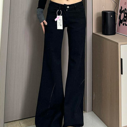 Black Low Waist No Leg Loose Micro-flare Jeans Women's Hot Girl Small Slim Look Trousers Straight Pants