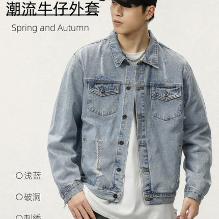 2025 New Autum Trendy Brand Motorcycle Jacket Tops Light Retro Wings Embroidered Ripped Denim Jacket for Men