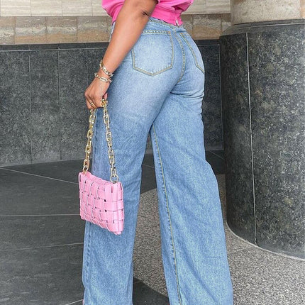 Cross-Border E-Commerce Women's Clothing Tiktok Pop In-Stock Plus-Size Jeans for Women High-Stretch Zipper Slim-Fit Wide-Leg