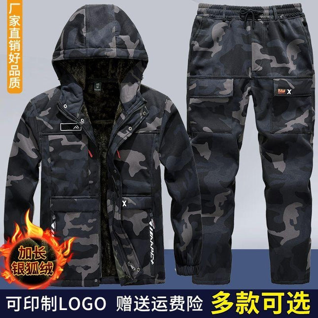 Autumn and winter velvet labor protection overalls camouflage suit men's thickened wear-resistant cold-proof warm leisure overcoat