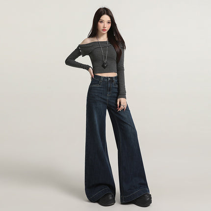 Raccoon House # Vintage Washed Blue Jeans for Women Fashion European and American Style High Waist Loose Flared Floor-Length Wide-Leg Pants