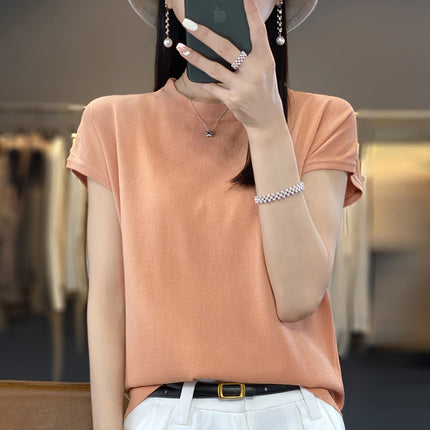ShorT-sleeved T-shirT for Women 24 Summer New Round Neck Ice Silk Thin BreaThable ImiTaTion Sun Slimming Look BoTToming KniTwear T-shirT Half-sleeved