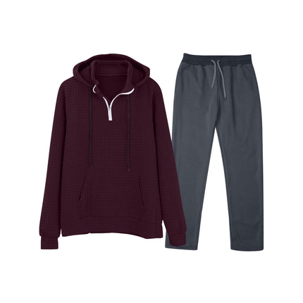 European and American Cross-Border Long-Sleeved Waffle Top Aliexpress Solid Color Drawstring Pocket Hoodie Sweatshirt and Sweatpants Set