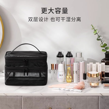 New Large-Capacity Cosmetic Bag for Women, Black Transparent Mesh Cosmetics and Toiletries Storage Bag with Transparent Design
