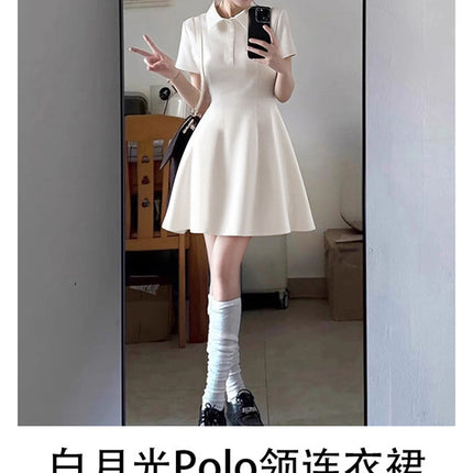 White Polo Dress for Women 2026, Shoulder-Length White Dress, Stunning Summer Dress for Petite Figures, Waist-Cinching A-Line Short Dress
