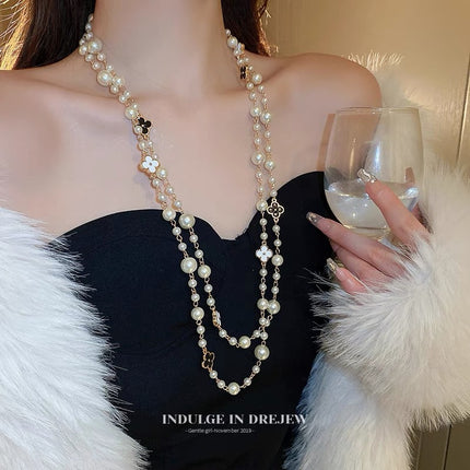 Korean Four-Leaf Clover Pearl Necklace Long Accessible Luxury High-End Sweater Chain Versatile Simple Autumn and Winter Necklace Accessories