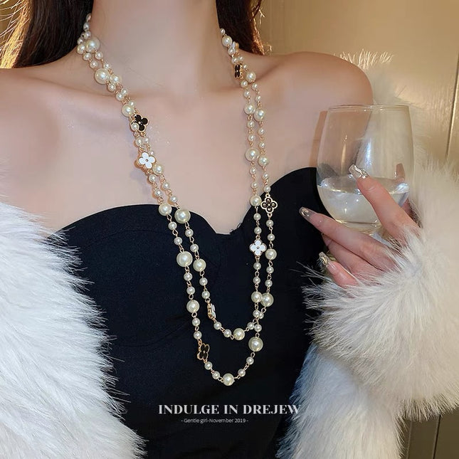 Korean Four-Leaf Clover Pearl Necklace Long Accessible Luxury High-End Sweater Chain Versatile Simple Autumn and Winter Necklace Accessories