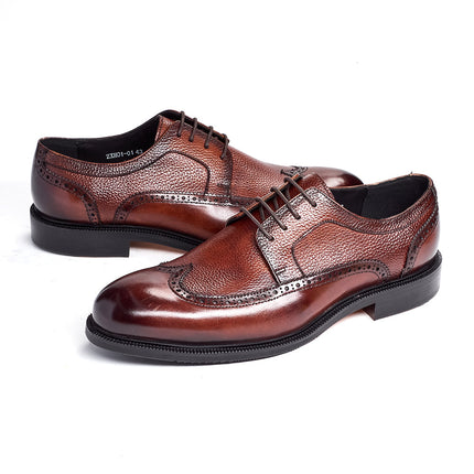 Men's Formal Business Leather Shoes, Genuine Leather Derby Shoes, Brogue Carved Shoes for Office, Wedding, and Banquet Occasions, Cross-Border