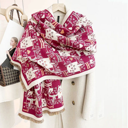 New Double-Sided Scarf for Women with Cute Cats, Thickeneded Imitation Cashmere Shawl for Winter, Knitted Warm Scarf, Versatile